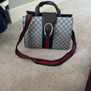 Gucci Gray Patterned Shoulder Bag with Green and Red Strap